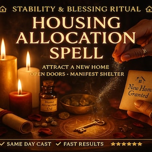 Puede incluir: Un anuncio de un hechizo de asignación de vivienda. La imagen presenta velas encendidas, un pergamino, una llave y una pequeña botella etiquetada como "Home Attraction Oul". El texto incluye "Housing Allocation Spell", "Attract a New Home" y "New Home Granted".
