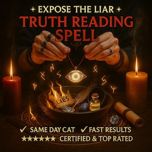 Può includere: Immagine con il testo "EXPOSE THE LIAR TRUTH READING SPELL". Un ciondolo con un disegno a occhio è tenuto sopra una ciotola con un foglio di carta in fiamme con la scritta "LIES". Sono presenti due candele e altri oggetti mistici.