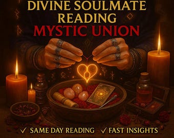 May include: An image promoting a divine soulmate reading. The text reads "FATE hearts + DIVINE SOULMATE READING MYSTIC UNION". The image features candles, a bowl with stones, and a glowing heart symbol. The text also includes "SAME DAY READING", "FAST INSIGHTS", and "CERTIFIED & TOP RATED".