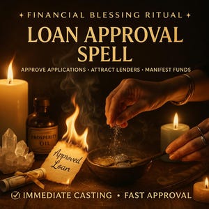 May include: A digital graphic titled Financial Blessing Ritual Loan Approval Spell. It features a burning piece of paper with the text Approved Loan, a bowl of coins, a bottle labeled Prosperity Oil, crystals, and candles in a dark setting.