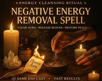 May include: An image advertising an energy cleansing ritual. The text reads "Negative Energy Removal Spell" with additional text: "Clear Aura, Release Blocks, Restore Peace." The image includes candles, crystals, and a burning paper with the words "Cleanse Aura."