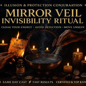 May include: A mystical scene with the text "MIRROR VEIL INVISIBILITY RITUAL." A burning paper with "Hidden Presence" is held near a mirror. A hand sprinkles powder over a bowl. Lit candles and a small bottle are also present. The image has a dark, mysterious aesthetic.