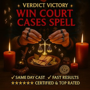 Könnte beinhalten: Ein Bild mit dem Text "VERDICT VICTORY WIN COURT CASES SPELL". Das Bild zeigt einen leuchtenden Waage-Anhänger, der von Händen gehalten wird, umgeben von Kerzen, einer Schüssel und einer Münze. Der Text "SAME DAY CAST", "FAST RESULTS" und "CERTIFIED & TOP RATED" ist ebenfalls vorhanden.
