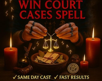 May include: An image with the text "VERDICT VICTORY WIN COURT CASES SPELL". The image features a glowing scale pendant held by hands, surrounded by candles, a bowl, and a coin. The text "SAME DAY CAST", "FAST RESULTS", and "CERTIFIED & TOP RATED" are also present.