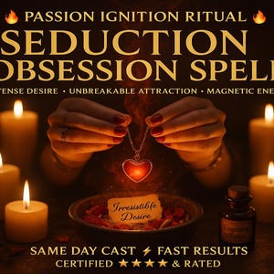 May include: Image featuring a heart-shaped pendant necklace held between hands, surrounded by lit candles. Text reads "Seduction Obsession Spell" and "Irresistible Desire." A small bottle labeled "Temptation Essence" is also visible.