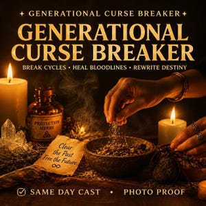 May include: A Generational Curse Breaker ritual set featuring a glass bottle labeled Protection Herbs, a bowl of dried herbs, two lit candles, and a parchment note with the text Clear the Past Free the Future and an infinity symbol.