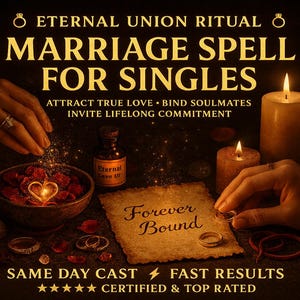 Può includere: Una pubblicità per un incantesimo matrimoniale per single. L'immagine presenta candele, anelli, una ciotola di petali di rosa e una piccola bottiglia con l'etichetta "Eternal Love Uf". Il testo include "Eternal Union Ritual" e "Forever Bound."