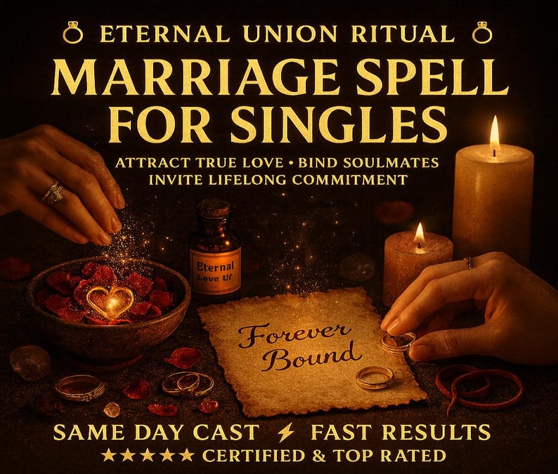 K&ouml;nnte beinhalten: Werbung f&uuml;r einen Ehezauber f&uuml;r Singles. Das Bild zeigt Kerzen, Ringe, eine Schale mit Rosenbl&auml;ttern und eine kleine Flasche mit der Aufschrift "Eternal Love Uf". Der Text enth&auml;lt "Eternal Union Ritual" und "Forever Bound."