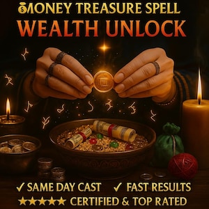 May include: An image with the text "MONEY TREASURE SPELL WEALTH UNLOCK". The image shows hands holding a coin, surrounded by candles, bowls of coins, and scrolls. The text "SAME DAY CAST", "FAST RESULTS", and "CERTIFIED & TOP RATED" are also visible.