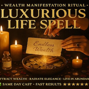 K&ouml;nnte beinhalten: Ein Bild mit dem Text "WEALTH MANIFESTATION RITUAL" und "LUXURIOUS LIFE SPELL". Das Bild zeigt Kerzen, M&uuml;nzen und eine Hand, die ein Papier mit "Endless Wealth" h&auml;lt. Der Text "ATTRACT WEALTH" und "SAME DAY CAST" sind ebenfalls sichtbar.