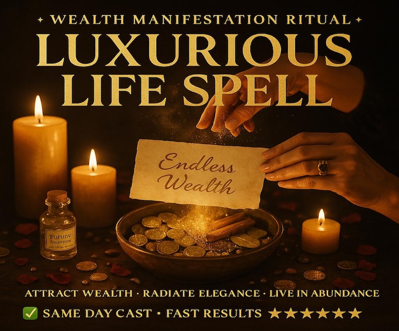 K&ouml;nnte beinhalten: Ein Bild mit dem Text "WEALTH MANIFESTATION RITUAL" und "LUXURIOUS LIFE SPELL". Das Bild zeigt Kerzen, M&uuml;nzen und eine Hand, die ein Papier mit "Endless Wealth" h&auml;lt. Der Text "ATTRACT WEALTH" und "SAME DAY CAST" sind ebenfalls sichtbar.