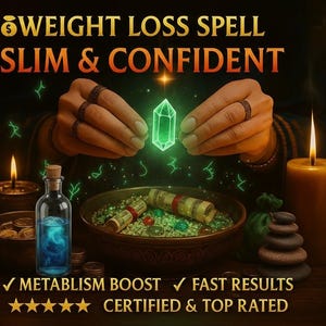May include: An image promoting a weight loss spell. The text reads "WEIGHT LOSS SPELL SLIM & CONFIDENT." A glowing green crystal is held between two hands. Other elements include candles, a bowl of herbs, and a bottle.