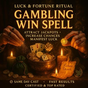 Può includere: Immagine con il testo "LUCK & FORTUNE RITUAL GAMBLING WIN SPELL". L'immagine mostra mani con anelli, monete, dadi, carte da gioco, candele e un piccolo sacchetto verde. Il testo include anche "ATTRACT JACKPOTS, INCREASE CHANCES, MANIFEST LUCK".