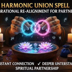 May include: An image promoting a spiritual service. The text reads "HARMONIC UNION SPELL" and "VIBRATIONAL RE-ALIGNMENT FOR PARTNERS." Two hands hold glowing blue and pink rings above a bowl with lotus flowers. Candles and crystals are also present.