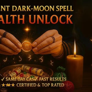 Może przedstawiać: Obraz z tekstem "ANCIENT DARK-MOON SPELL WEALTH UNLOCK". Obraz przedstawia dłonie trzymające monetę, ze świecami i innymi przedmiotami rytualnymi. Widoczny jest również tekst "SAME DAY CAST" i "CERTIFIED & TOP RATED".