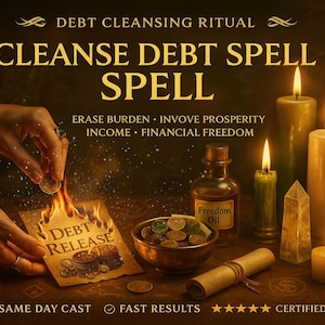 May include: An image promoting a debt cleansing ritual. The scene includes burning paper labeled "Debt Release", lit candles, a bowl of coins, and a bottle labeled "Freedom Oil". The text reads "Cleanse Debt Spell".