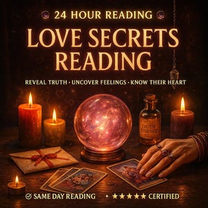 Peut inclure: Publicité pour une lecture des secrets de l'amour. L'image présente une boule de cristal brillante, des cartes de tarot, des bougies et une bouteille étiquetée "Truth Essence". Le texte comprend "24 Hour Reading", "Reveal Truth" et "Certified".