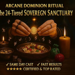 Könnte beinhalten: Ein Bild, das ein arkanes Ritual mit Kerzen, einer Schüssel mit Zutaten und einer Münze zeigt, die zwischen Händen gehalten wird. Der Text lautet "ARCANE DOMINION RITUAL" und "The 24-Tiered SOVEREGN SANCTUARY." Zusätzlicher Text lautet "SAME DAY CAST," "FAST RESULTS," und "CERTIFIED & TOP RATED."