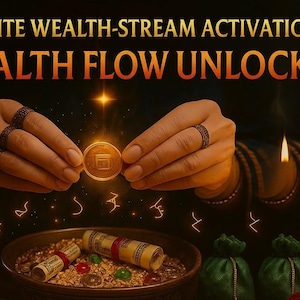 May include: An image with the text "INFINITE WEALTH-STREAM ACTIVATION SPELL WEALTH FLOW UNLOCKED". The image shows hands holding a gold coin, surrounded by candles, coins, and small bags. The scene has a mystical theme.