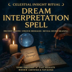 May include: An image advertising a dream interpretation spell. The text reads "Dream Interpretation Spell" with additional text: "Decode Visions, Unlock Messages, Reveal Divine Meaning." The image includes candles, a crystal ball, a small bottle, and a pendulum.