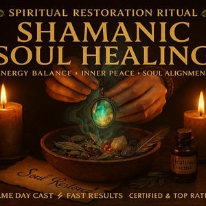 Puede incluir: Imagen que promociona la curación del alma chamánica. La imagen presenta un colgante, un cuenco con hierbas, velas y una botella etiquetada como "Healing Essence". El texto incluye "Spiritual Restoration Ritual" y "Energy Balance, Inner Peace, Soul Alignment."