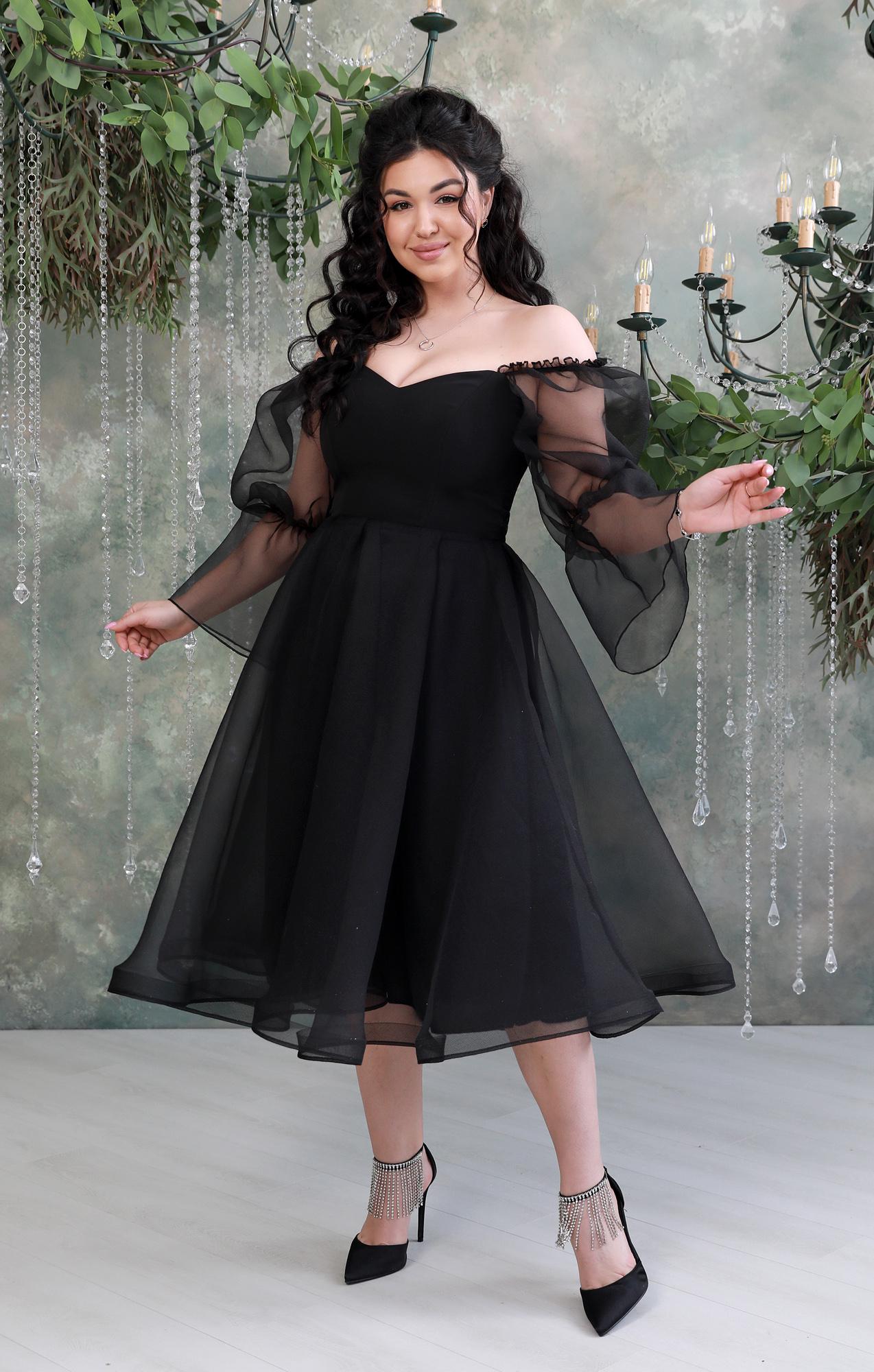 Ethereal Corset Tea Length Organza Dress. Unique Off-shoulder Gown