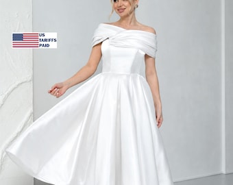 Corset midi wedding dress with off shoulder sleeves and lace up back