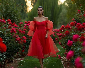 Ethereal red corset tea length dress. New Year and Holiday Parties off-shoulder gown