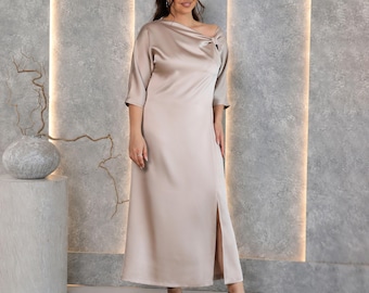 Elegant Satin Maxi Dress with One-Shoulder Draped Neckline and Waist Belt