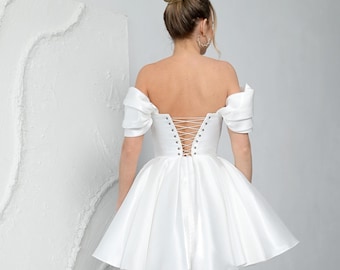 Mini Puffy Skirt White Corset Bridal Dress: Lace-Up Back, Off Shoulder
