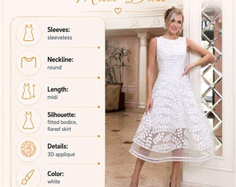 White Midi Bridal Dress, 3D Leaf Appliqués, Sleeveless A-Line, Tea-Length