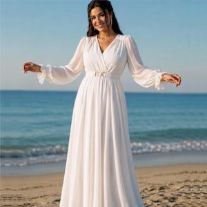 sachin and babi light blue dress Berylove Women Chiffon White Maxi Dress with Slit A Line Spaghetti Straps Engagement Dress, White / US14 main image 1