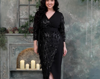 Wrap plus size black midi birthday dress with sequin