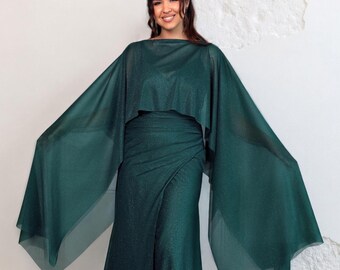 Dark Green Sparkly Cape, Long Glitter Capelet, Elegant Evening Dress Cover Up