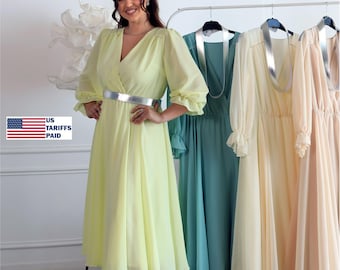 Yellow Chiffon Midi Dress with Wrap Neckline and Flowing Skirt | Romantic Occasion Dress
