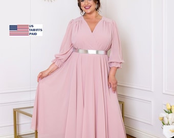 Blush Chiffon Midi Dress with Wrap Neckline and Flowing Skirt | Romantic Occasion Dress
