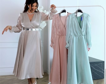 Chiffon Midi Wedding Guest Dress: Plus Size, Flowy Skirt, Long Sheer Sleeves