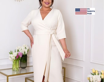 Wedding reception midi dress with Wrap Neckline, Belt, Sleeves