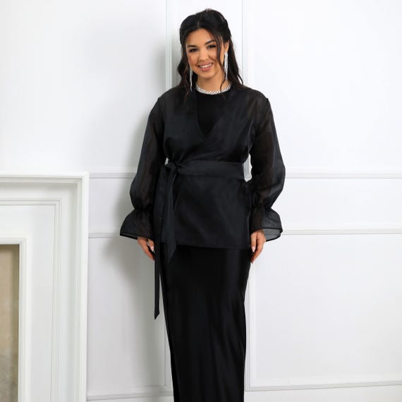 black satin dress with jacket Elegant Black Match Evening Set: Satin Maxi Dress With Slit & Sheer Organza  Wrap Jacket