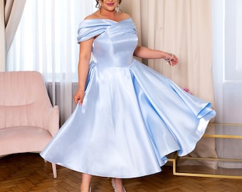 Blue Off Shoulder Corset Midi Plus Size Dress in Mikado Organza with Full Skirt