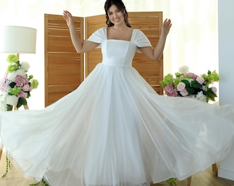 White Glitter Chiffon Bridal Gown with Lace-Up Corset, Sleeves and Flared Skirt