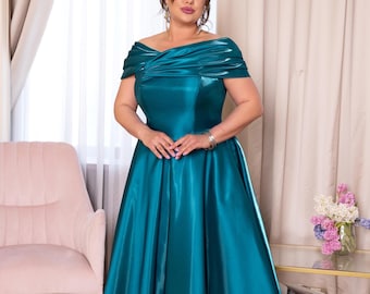 Teal Off Shoulder Corset Midi Plus Size Dress in Mikado Organza with Full Skirt