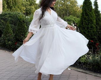 Modest white chiffon plus size midi dress with elastic waist and belt. Elegant and simple wedding outfit.