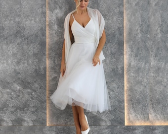 Bridal after party shimmering chiffon midi dress: wrap bodice, lace-up back, spaghetti straps