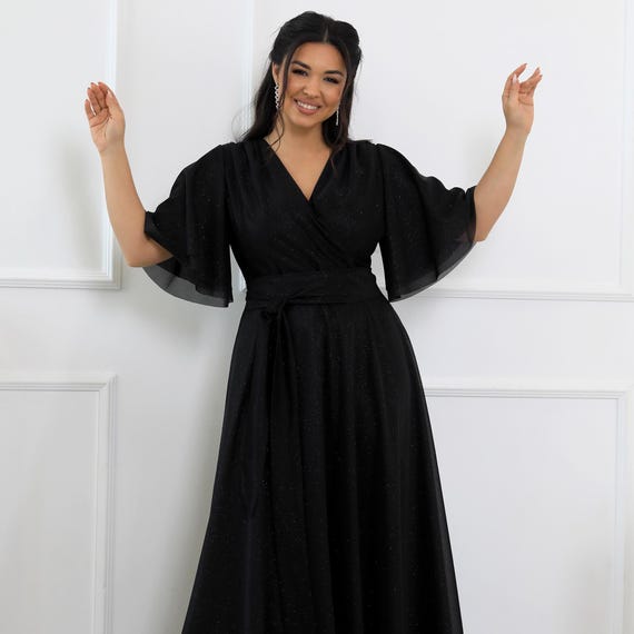 Festive Sparkly Chiffon Plus Size Maxi Goth Wedding Dress. Elegant Dress  With Flutter Sleeves and Belt. - Etsy New Zealand