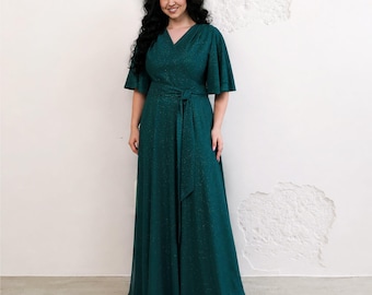 Sparkly chiffon plus size maxi wedding guest dress: Flutter Sleeves, Adjustable Waist