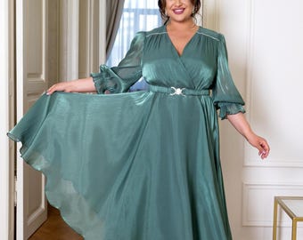 Green Chiffon Midi Wedding Guest Dress: Plus Size, Flowy Skirt, Long Sheer Sleeves