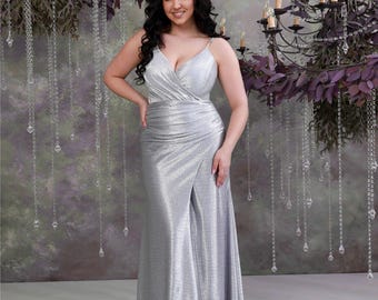 Formal metallic evening gown with wrap bodice and front slit. Floor length V-neck goddess dress.