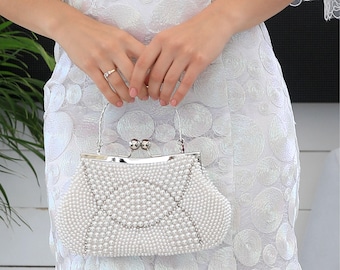 Elegant wedding pearl beaded bridal clutch purse with rhinestones