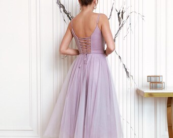Sparkly lilac chiffon bridesmaid dress with V-neck and lace-up back